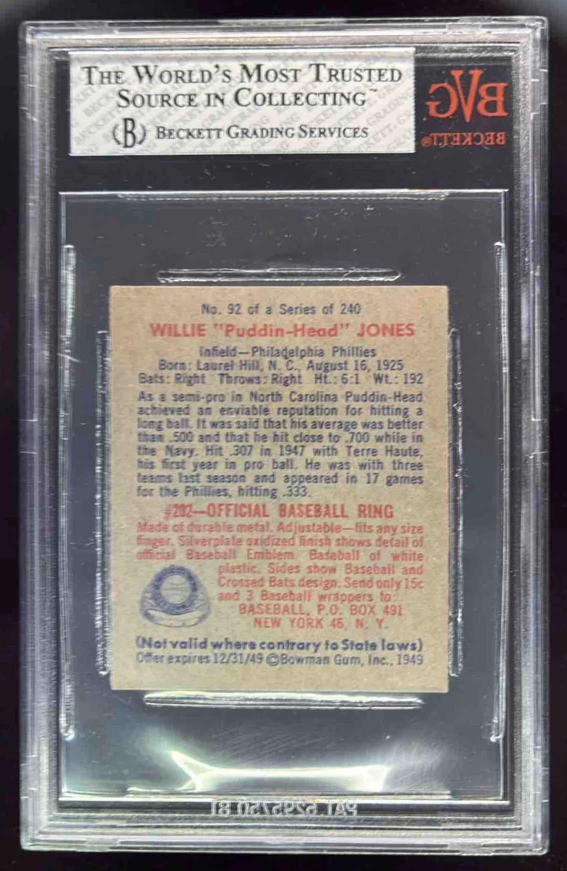1949 Bowman #92 Willie Jones RC BGS 8 - Image 2