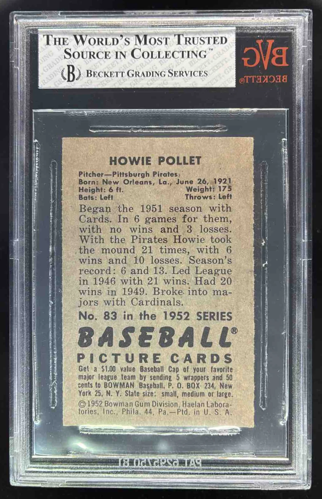 1952 Bowman #83 Howie Pollet BGS 8 - Image 2