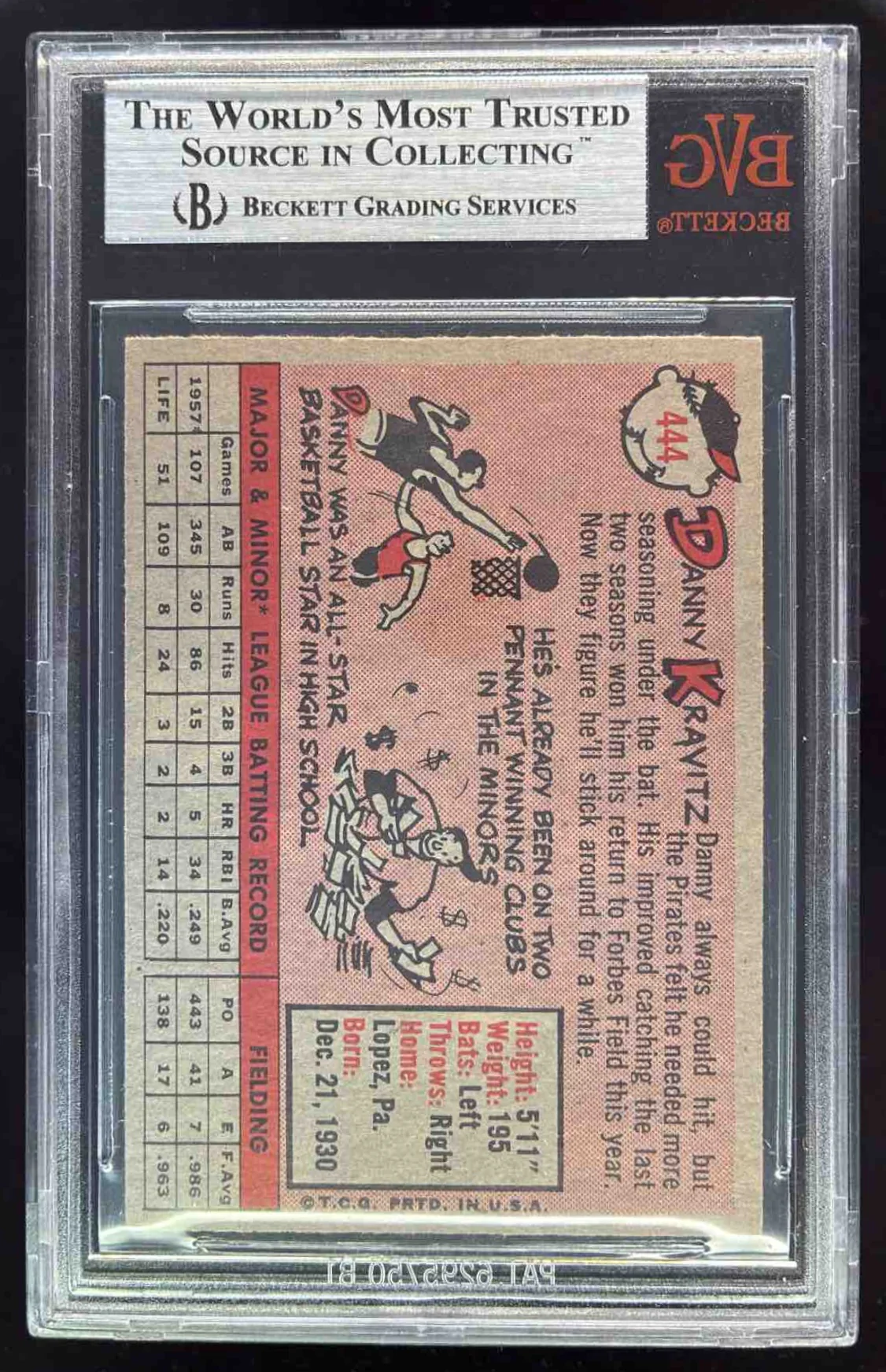 1958 Topps #444 Danny Kravitz BGS 8.5 - Image 2