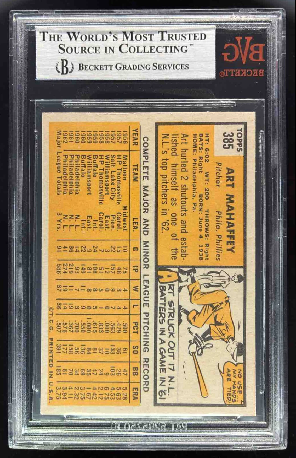 1963 Topps #385 Art Mahaffey BGS 9 - Image 2