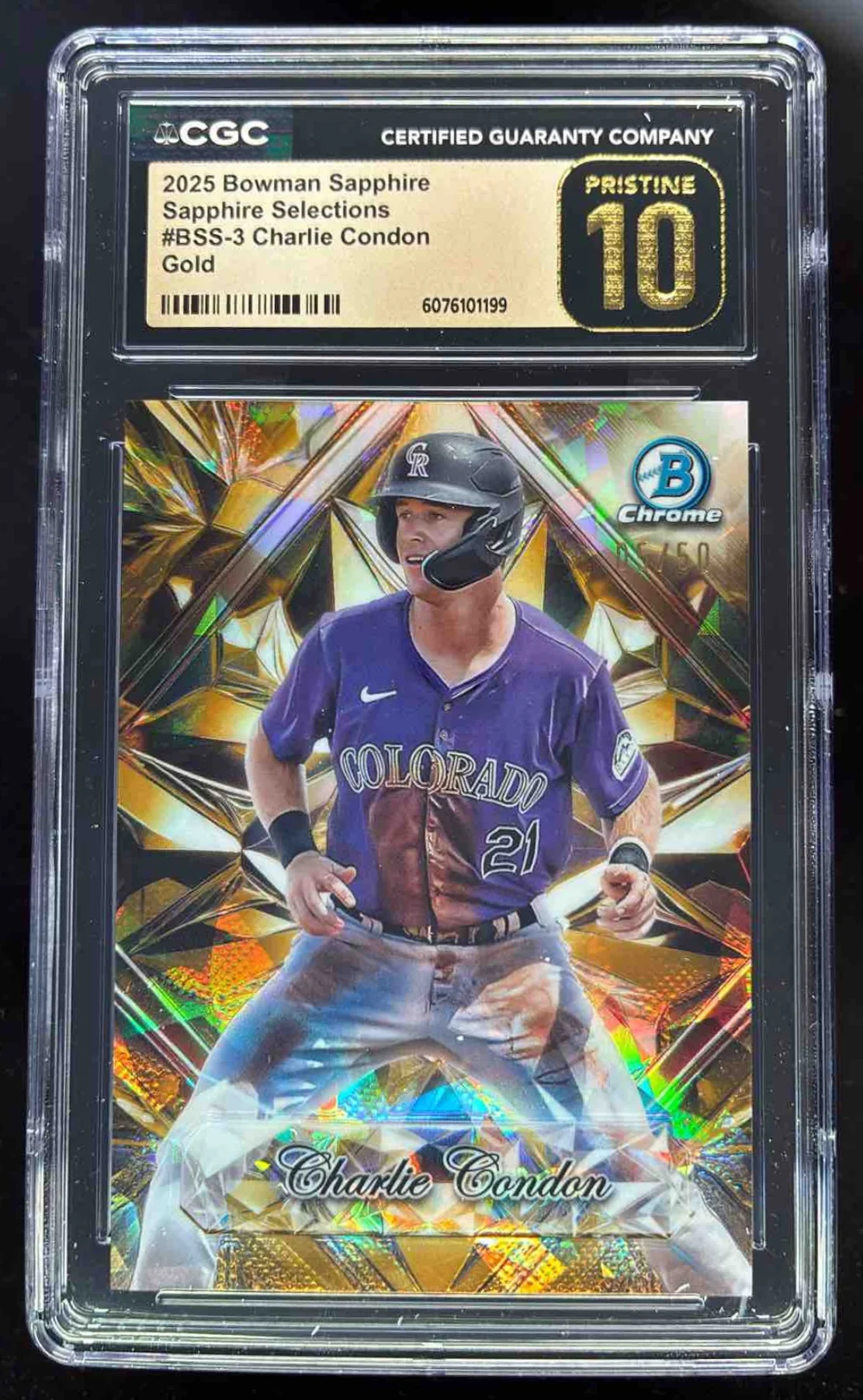 2025 Bowman Sapphire Selections Gold Refractors #BSS-3 Charlie Condon /50 CGC 10