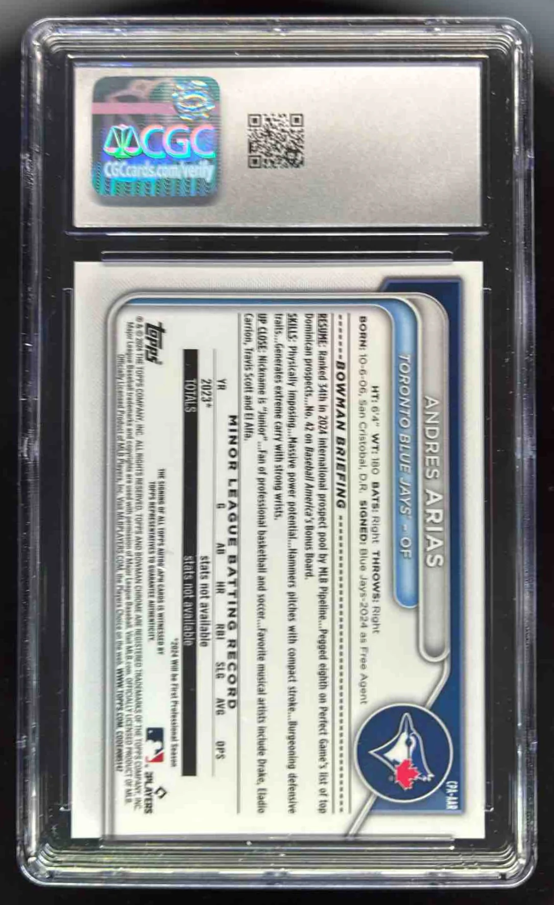 2024 Bowman Chrome Orange Shimmer #CPA-AAR Andres Arias RC Auto /25 CGC 10 - Image 2