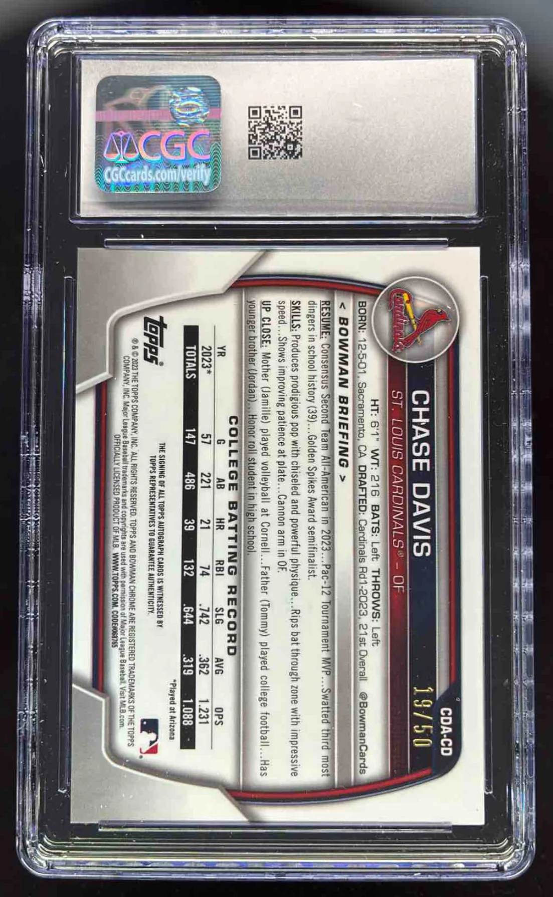 2023 Bowman Chrome Gold Wave Refractor #CDA-CD Chase Davis RC Auto /50 CGC 10 - Image 2