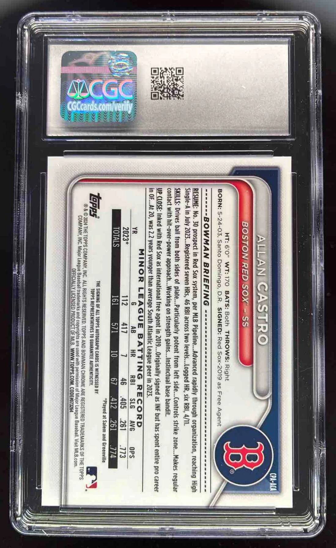 2024 Bowman Chrome Orange Refractor #CPA-ACA Allan Castro RC Auto /25 CGC 10 - Image 2