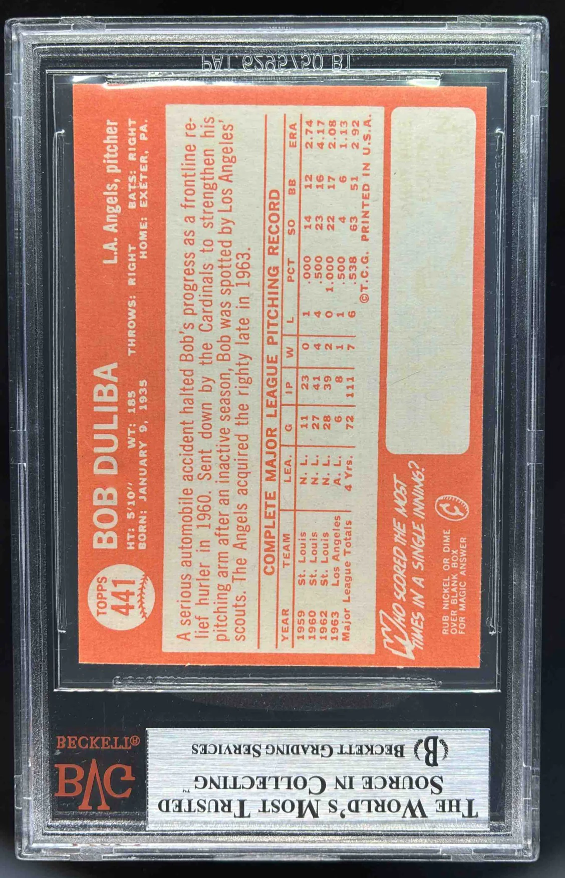 1964 Topps #441 Bob Duliba BGS 9 - Image 2