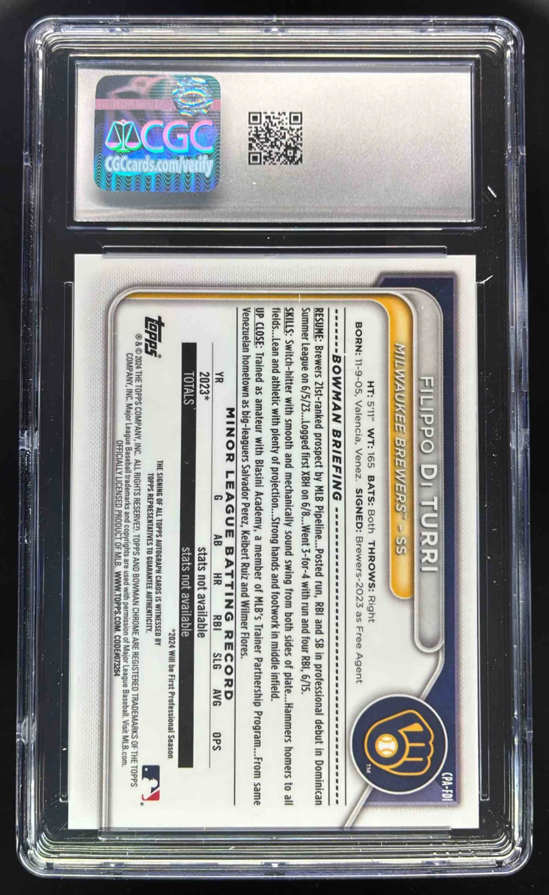 2024 Bowman Chrome Autographs Gold Lava Filippo Di Turi RC Auto /50 CGC 10 - Image 2