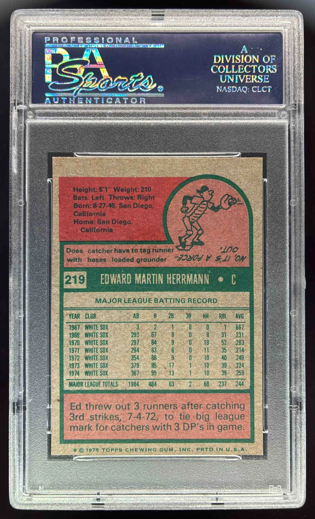 1975 Topps #219 Ed Herrmann PSA 6 - Image 2