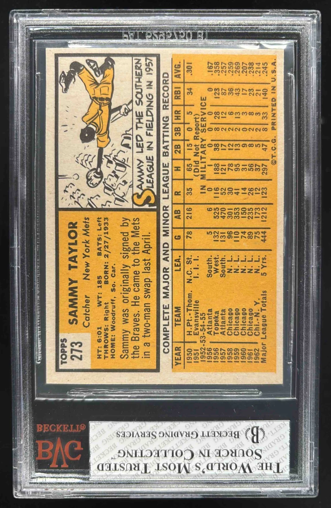 1963 Topps #273 Sammy Taylor BGS 8 - Image 2