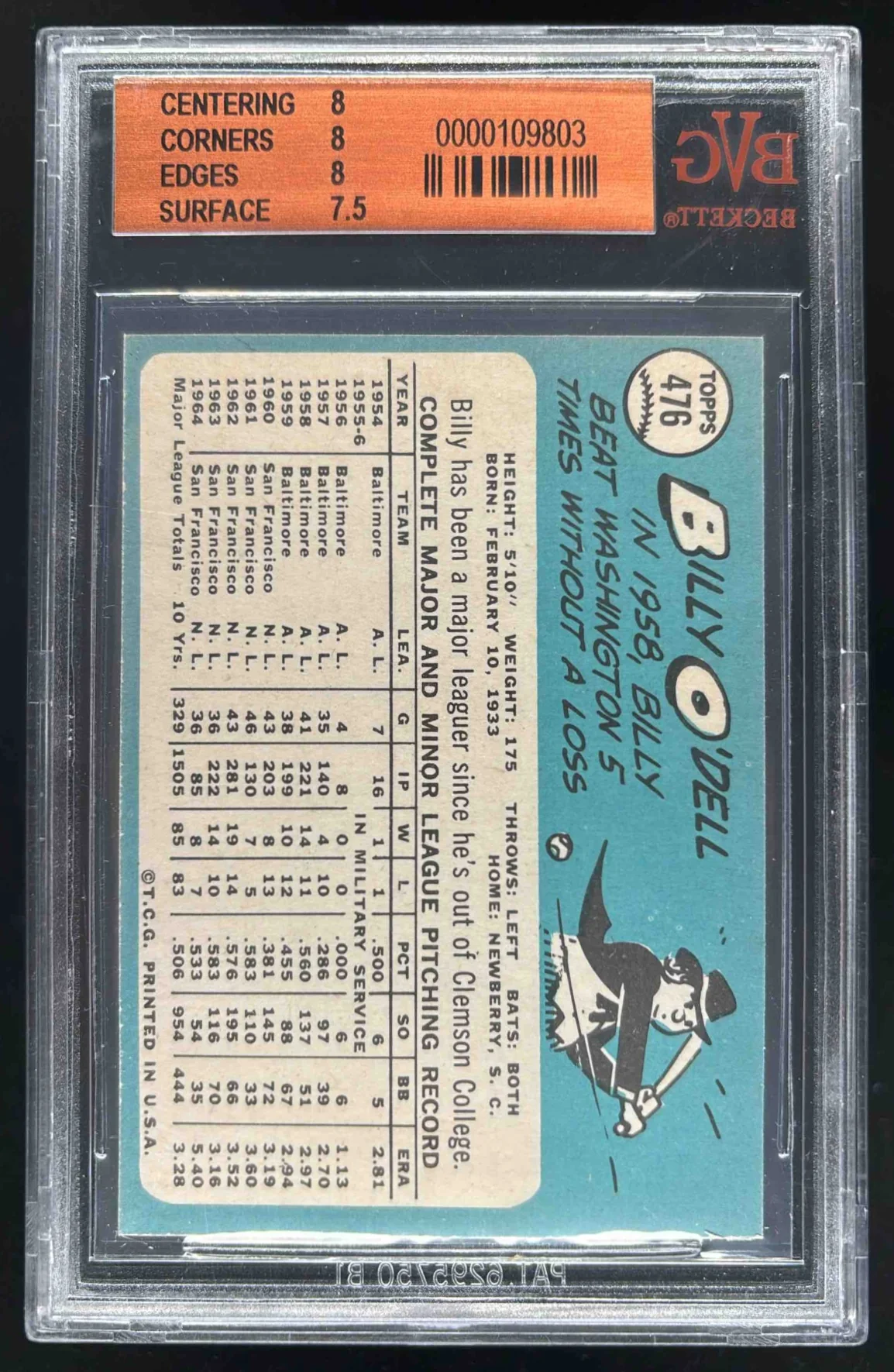 1965 Topps #476 Billy O'Dell BGS 8 - Image 2