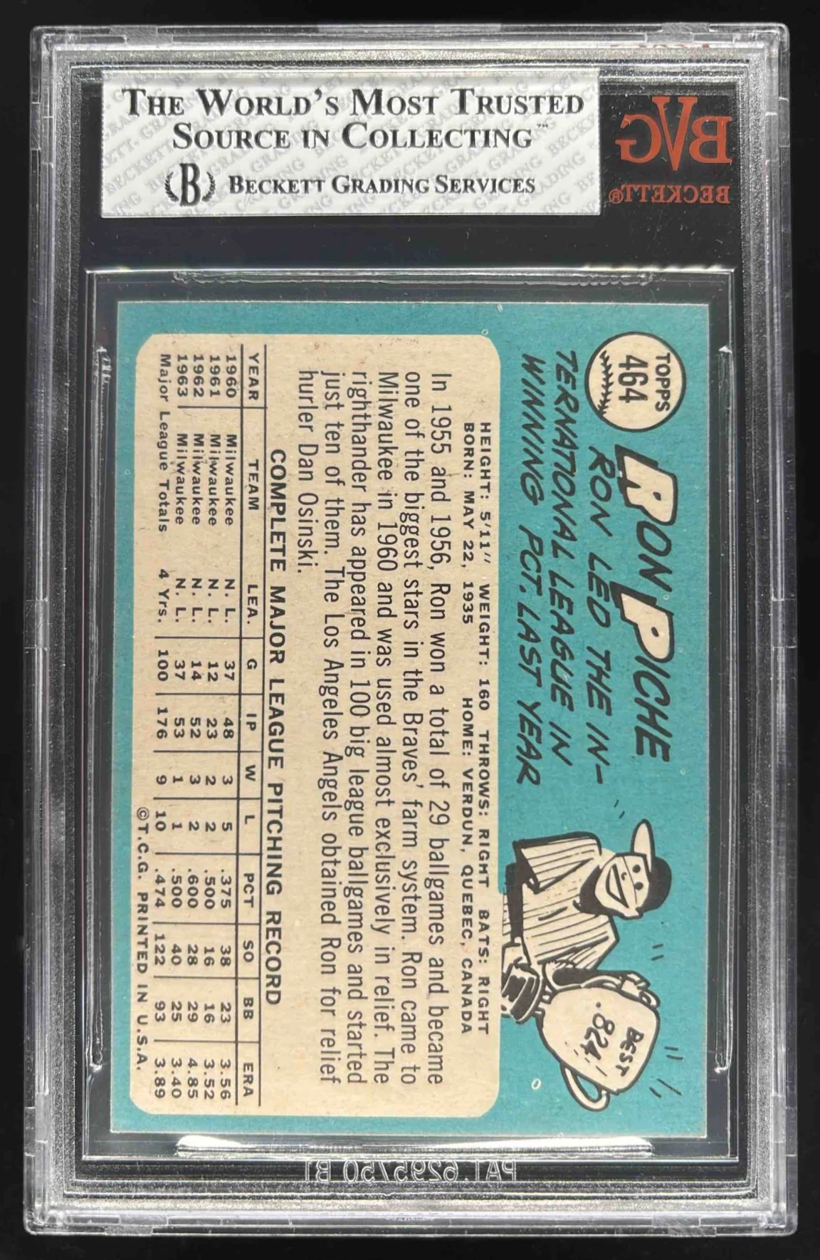 1965 Topps #464 Ron Piche BGS 8 - Image 2