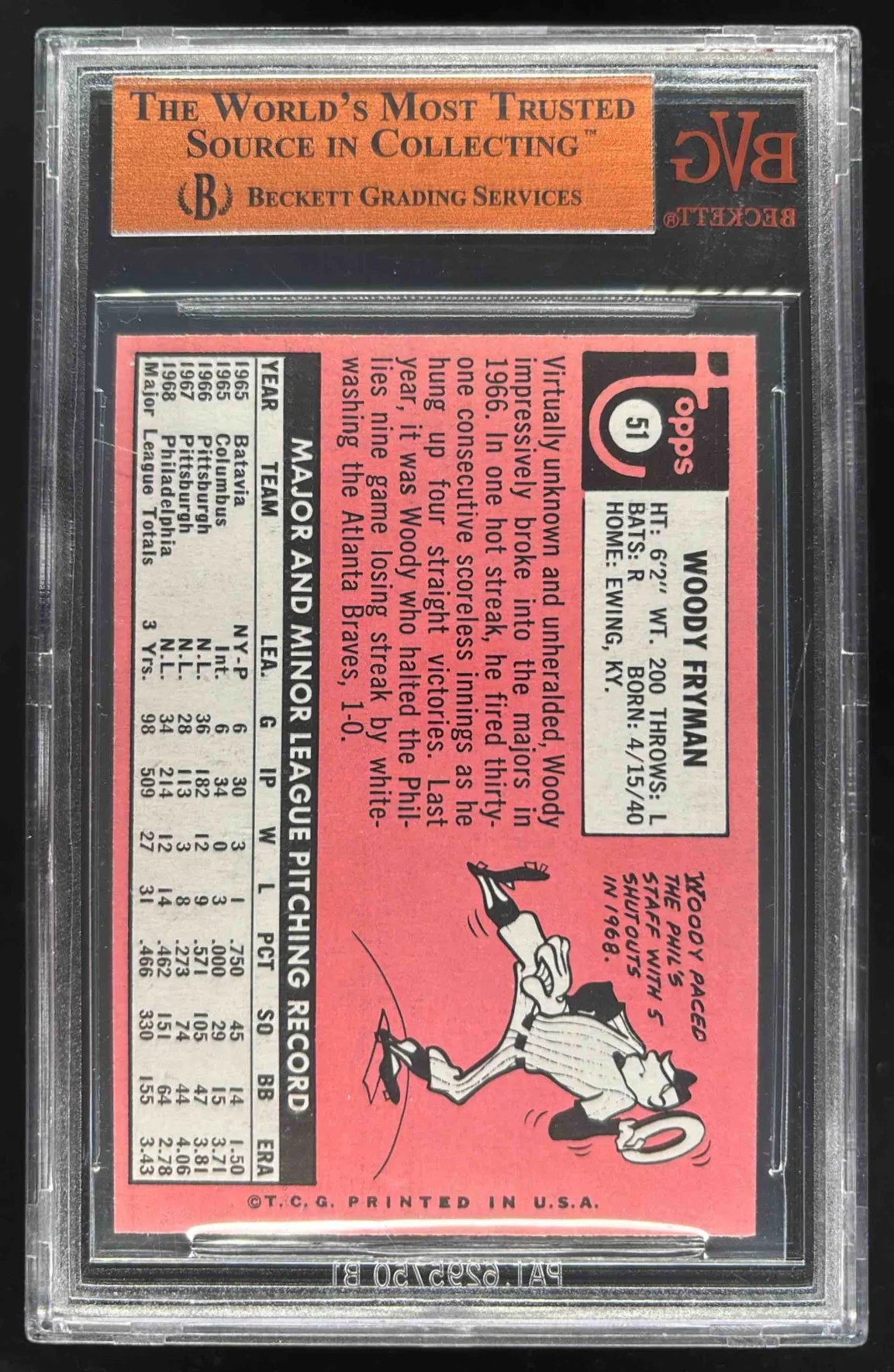 1969 Topps #51 Woody Fryman BGS 8 - Image 2