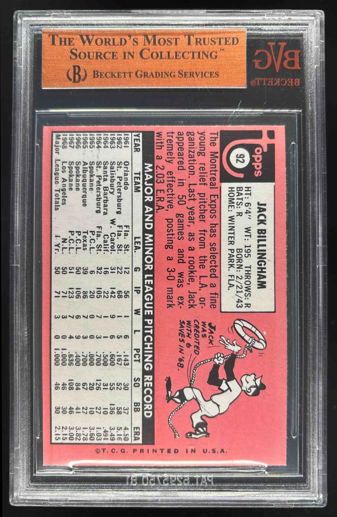 1969 Topps #92 Jack Billingham BGS 8 - Image 2