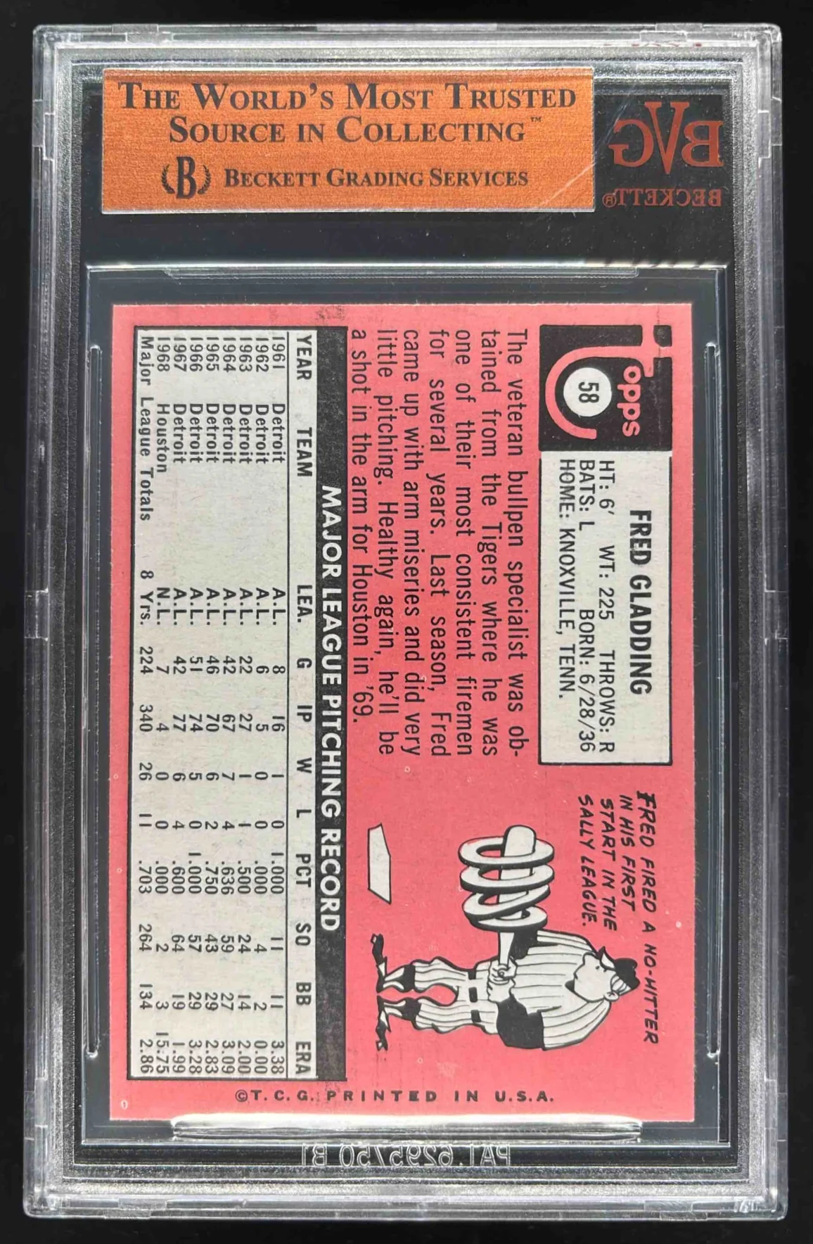 1969 Topps #58 Fred Gladding BGS 8 - Image 2