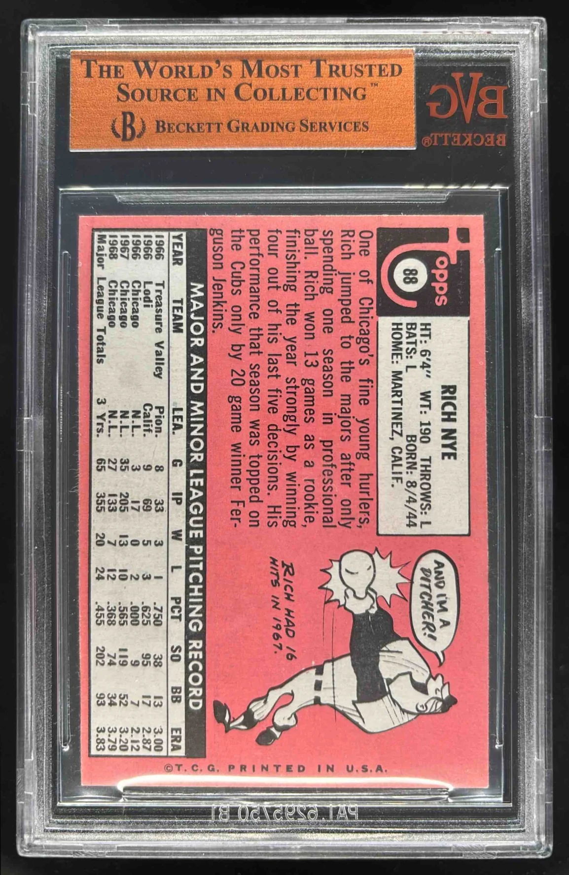 1969 Topps #88 Rich Nye BGS 8 - Image 2