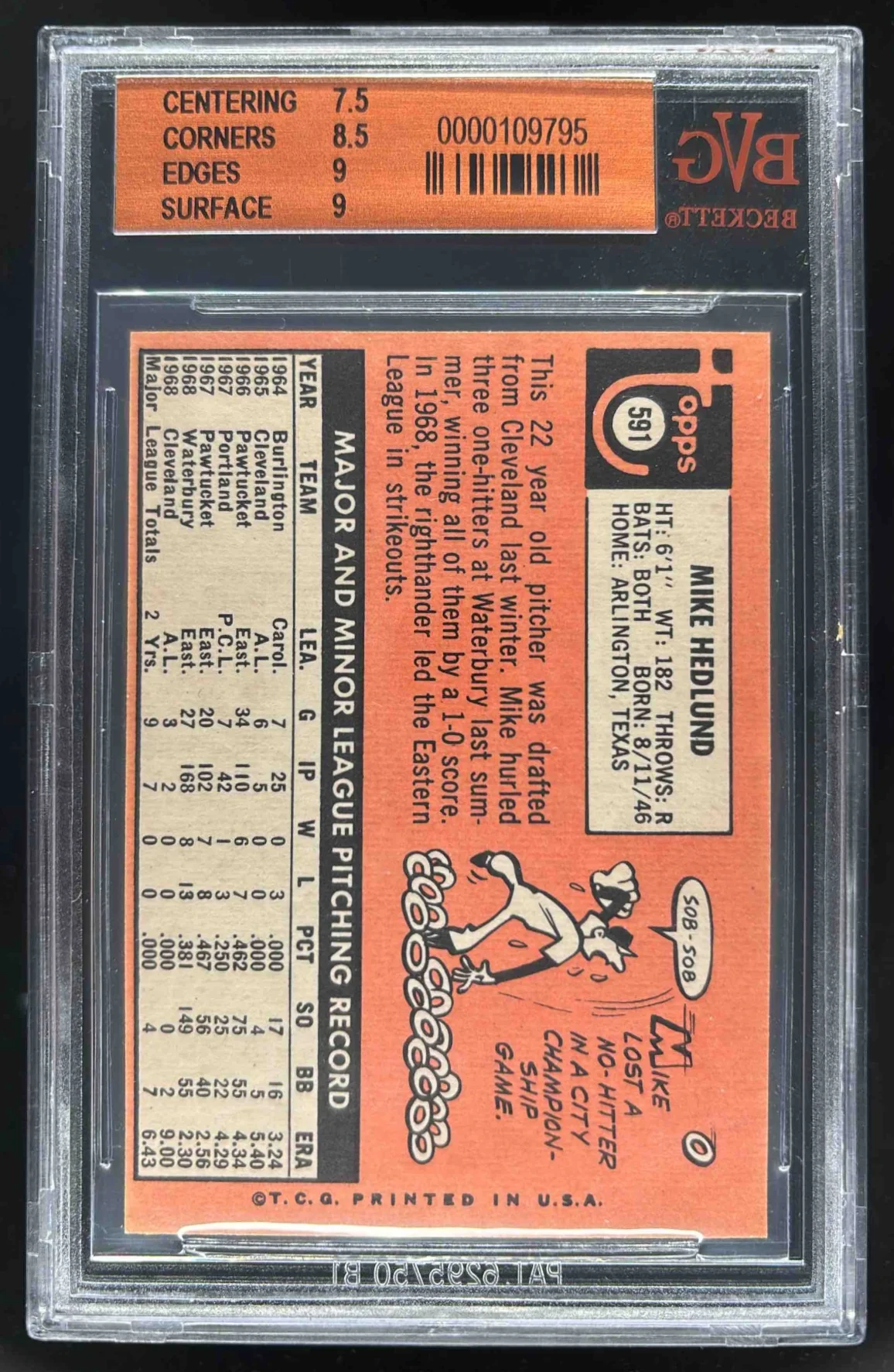 1969 Topps #591 Mike Hedlund BGS 8 - Image 2
