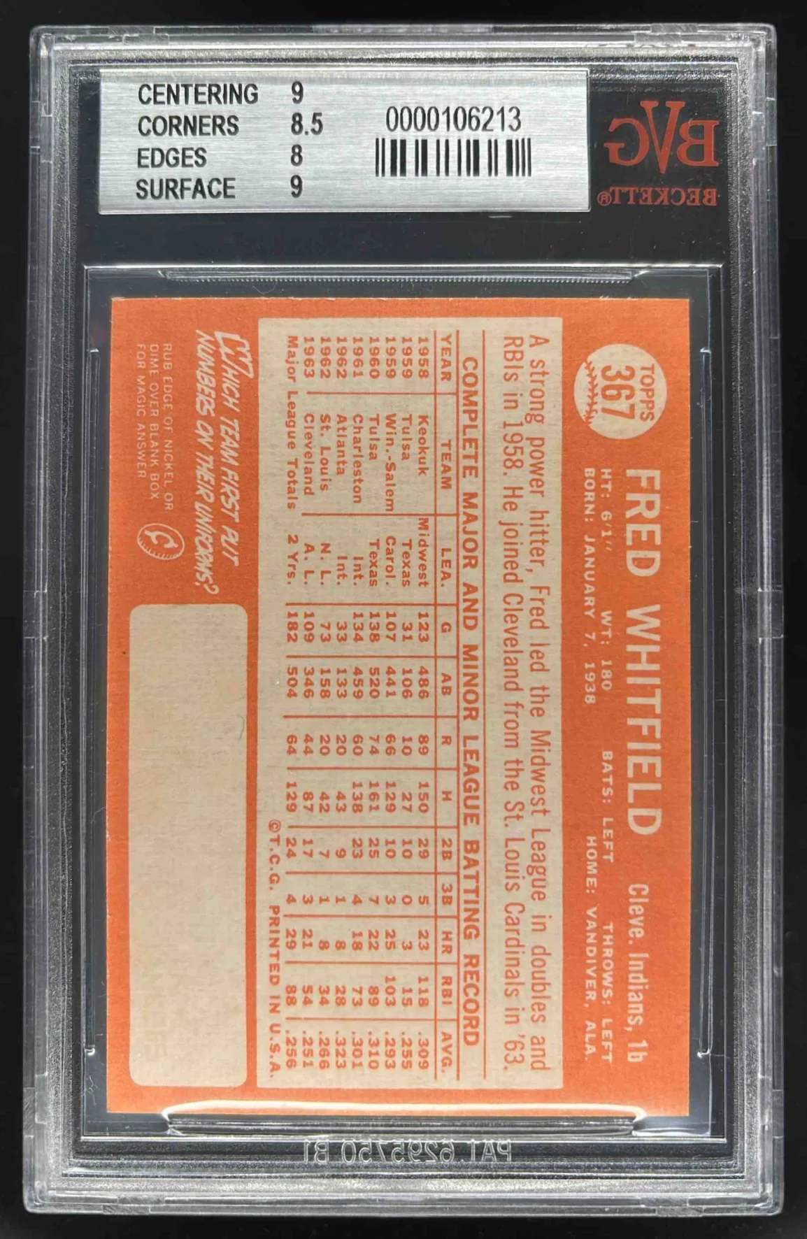 1964 Topps #367 Fred Whitfield BGS 8.5 - Image 2