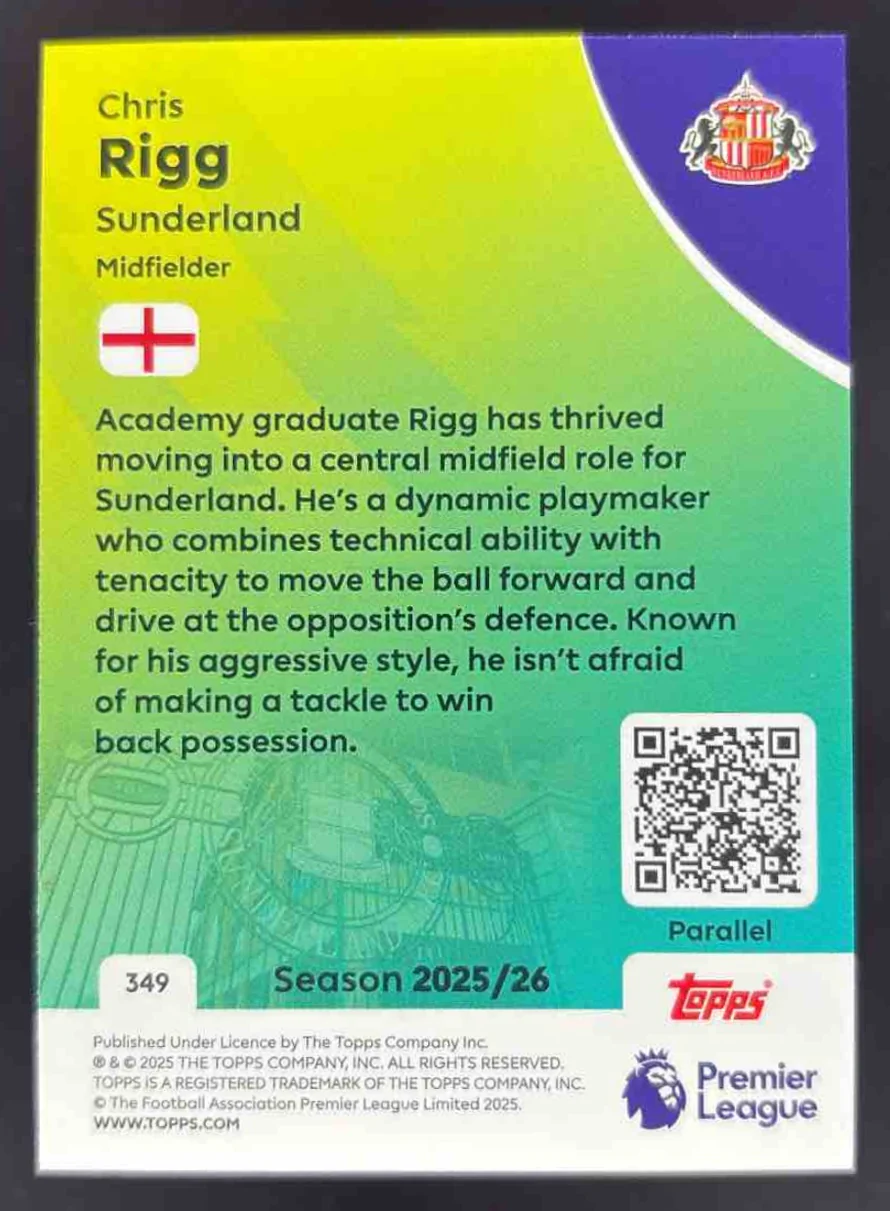 2025-26 Topps Premier League Gold Rainbow Foil #349 Chris Rigg RC /50 - Image 2