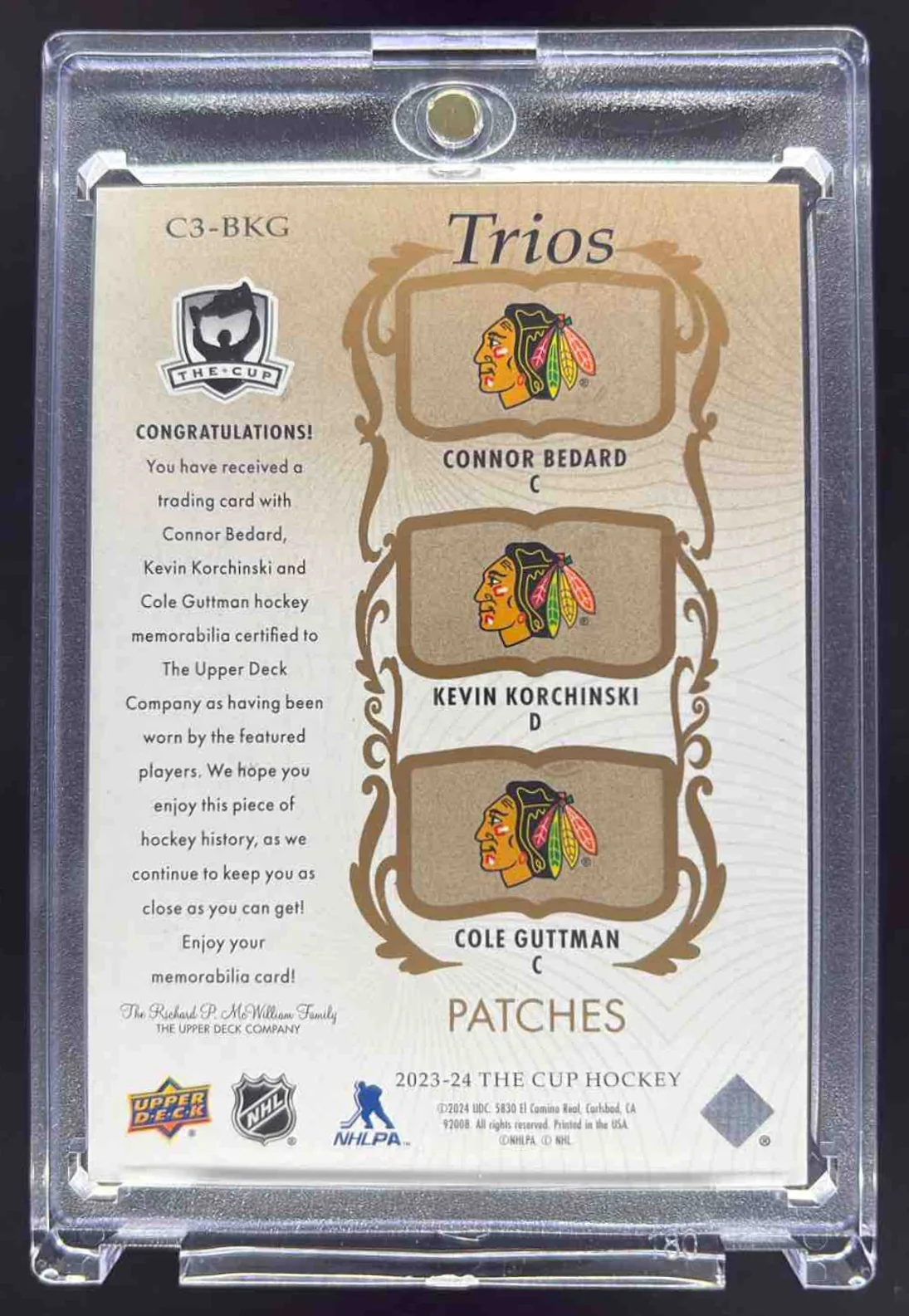 2023 The Cup Trios Gold Patch Connor Bedard Kevin Korchinski Cole Guttman /10 - Image 2