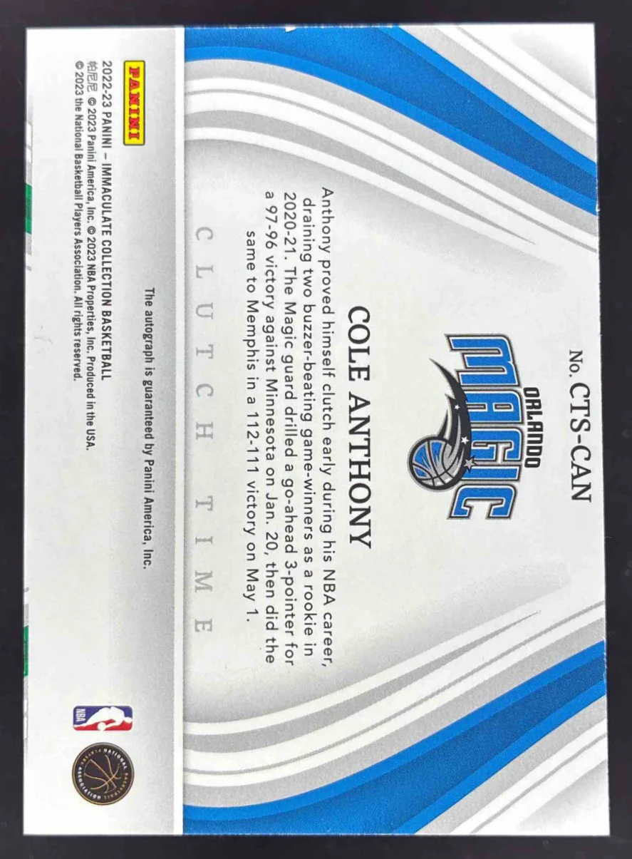 2022-23 Panini Immaculate Collection Clutch Time #CTS-CAN Cole Anthony Auto /49 - Image 2