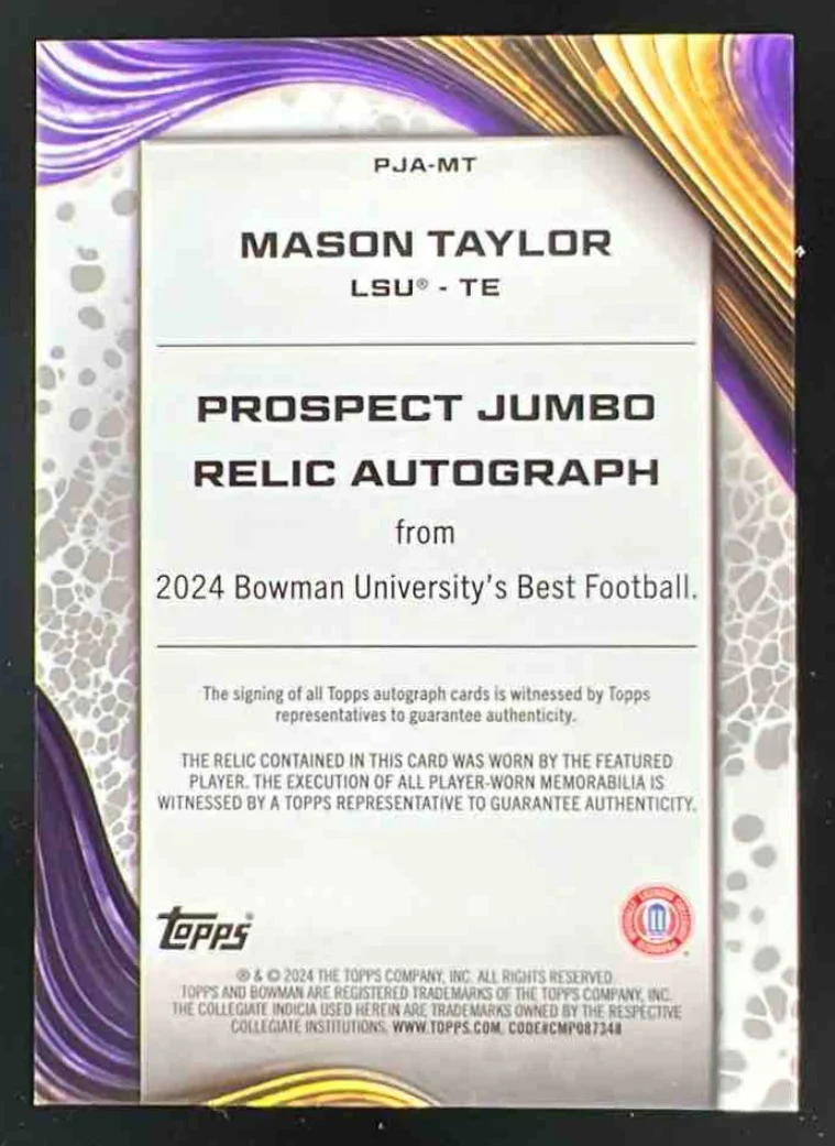 2024 Bowman Best University Prospect Jumbo Relic #PJA-MT Mason Taylor Auto - Image 2