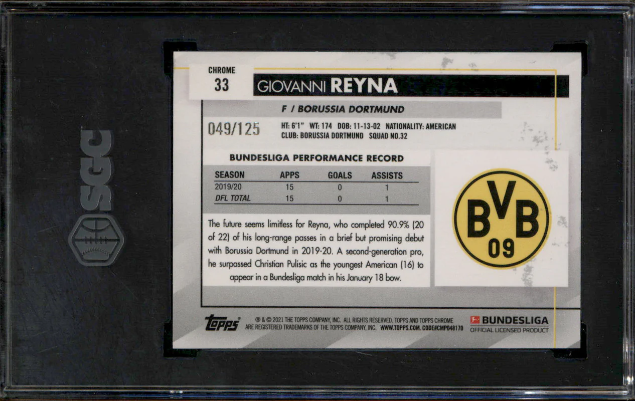 2020 Topps Chrome Sapphire Orange #33 Giovanni Reyna /125 SGC 9.5 - Image 2