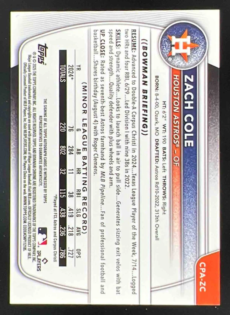 2025 Bowman Chrome Autograph HTA Choice Refractor #CPA-ZC Zach Cole RC Auto /150 - Image 2