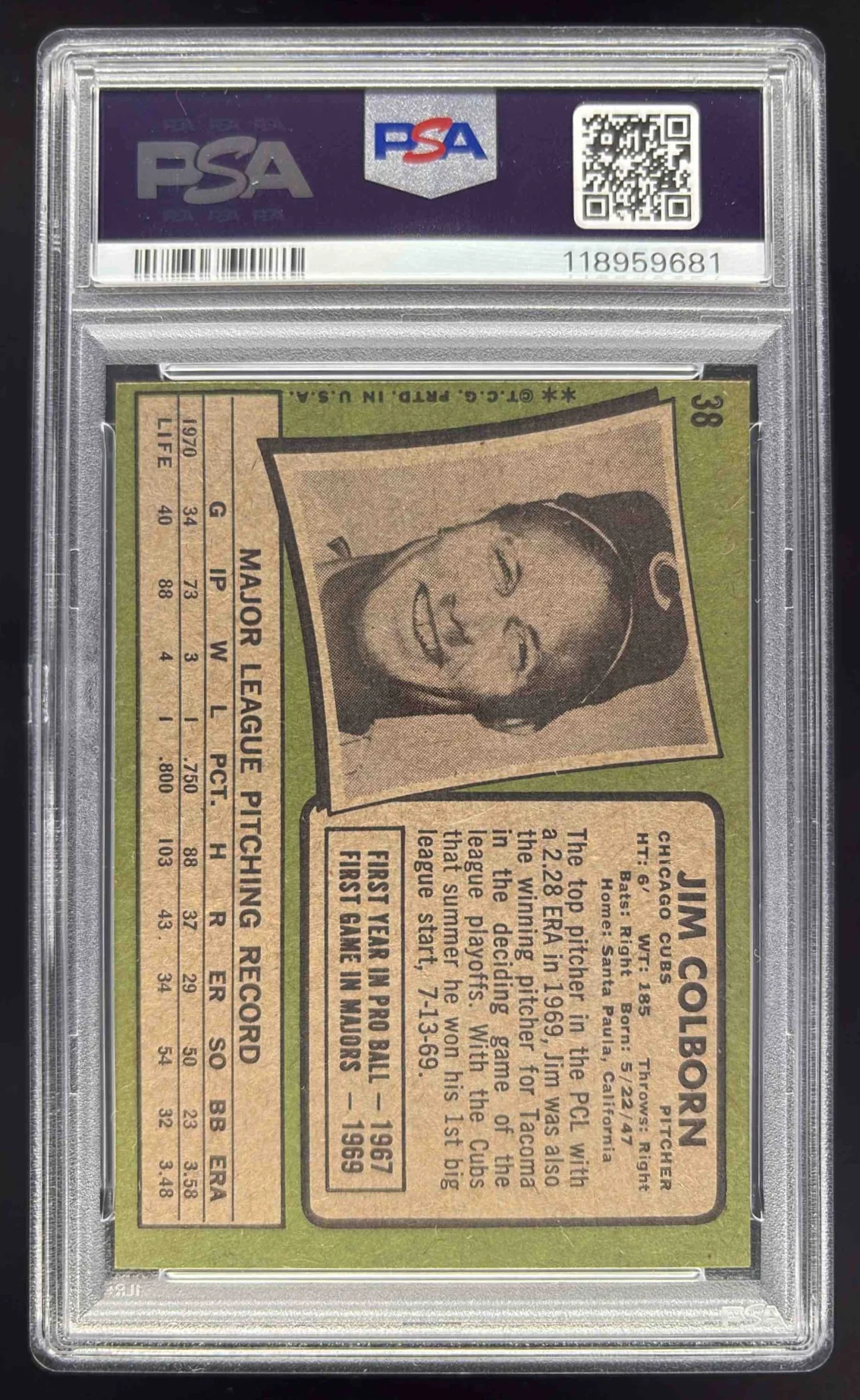 1971 Topps #38 Jim Colborn RC PSA 8 - Image 2