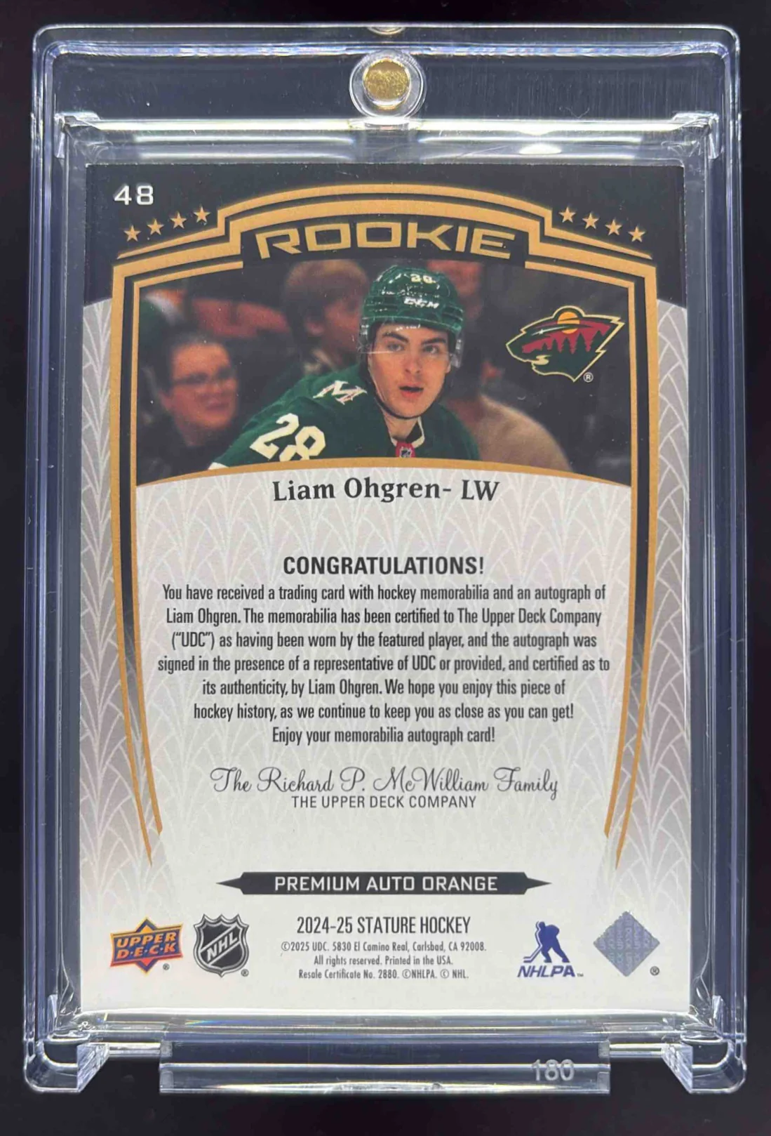 2024-25 Upper Deck Stature Memorabilia Orange #48 Liam Ohgren Autograph /15 - Image 2