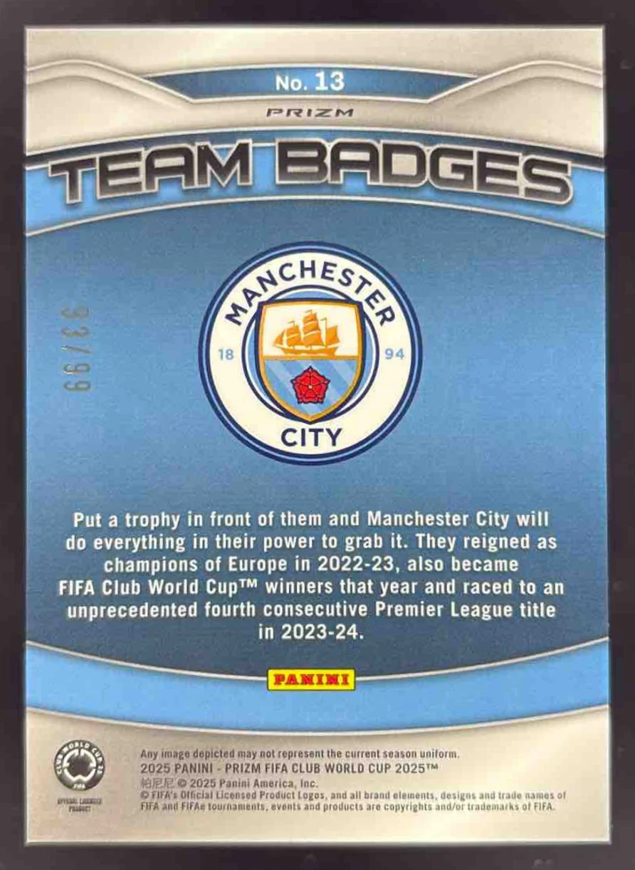 2025 Panini Prizm FIFA Club World Cup Team Badges Blue Ice Manchester City /99 - Image 2