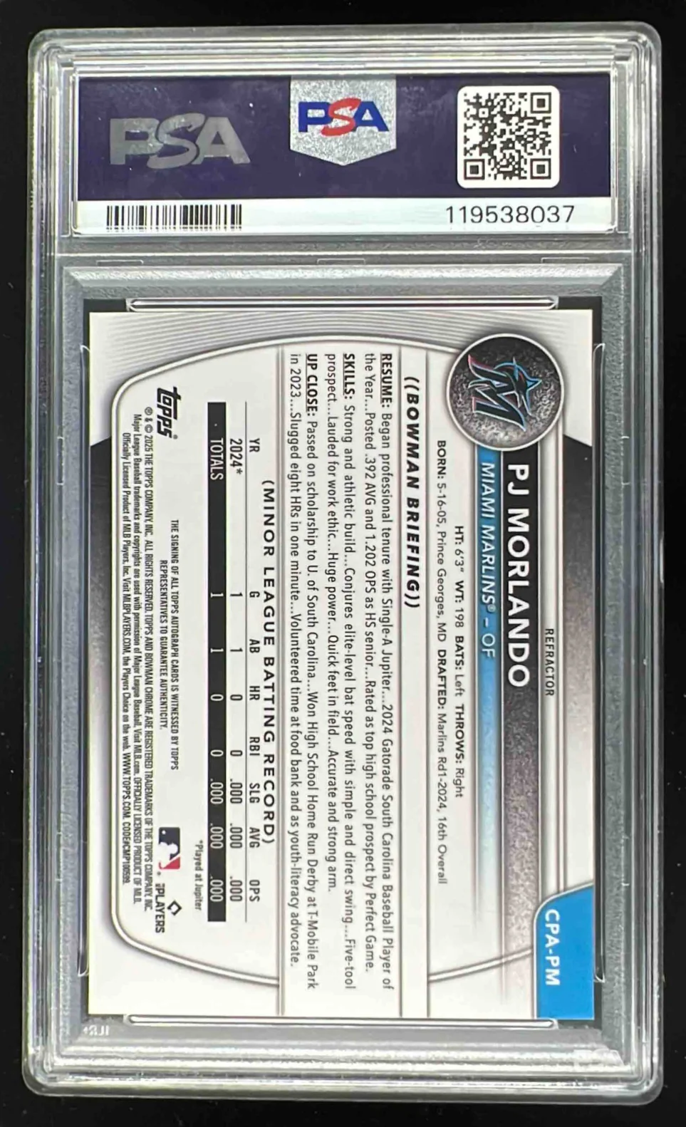 2025 Bowman Chrome Autographs Refractor #CPA-PM PJ Morlando RC Auto /499 PSA 8 - Image 2