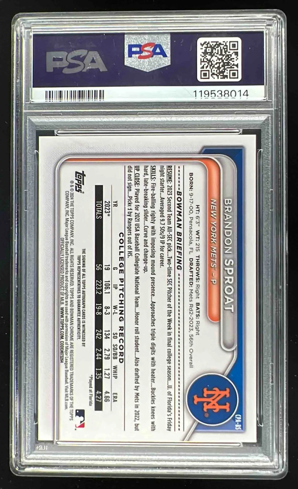 2024 Bowman Chrome Green Refractor #CPA-BS Brandon Sproat RC Auto /99 PSA 9 - Image 2