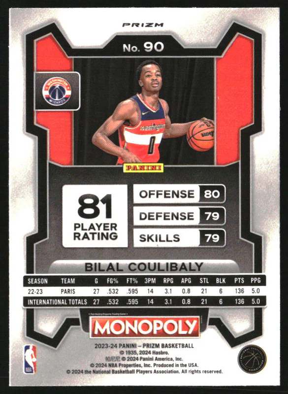 2023-24 Panini Prizm Monopoly Red Dice #90 Bilal Coulibaly RC Rookie - Image 2