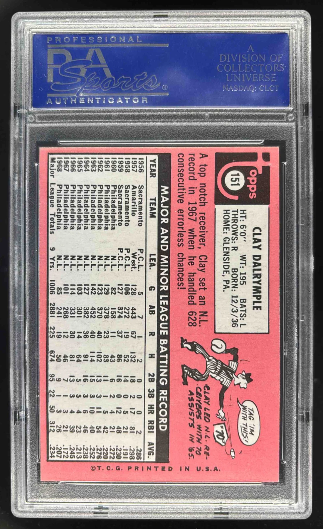 1969 Topps #151a Clay Dalrymple PSA 8 - Image 2