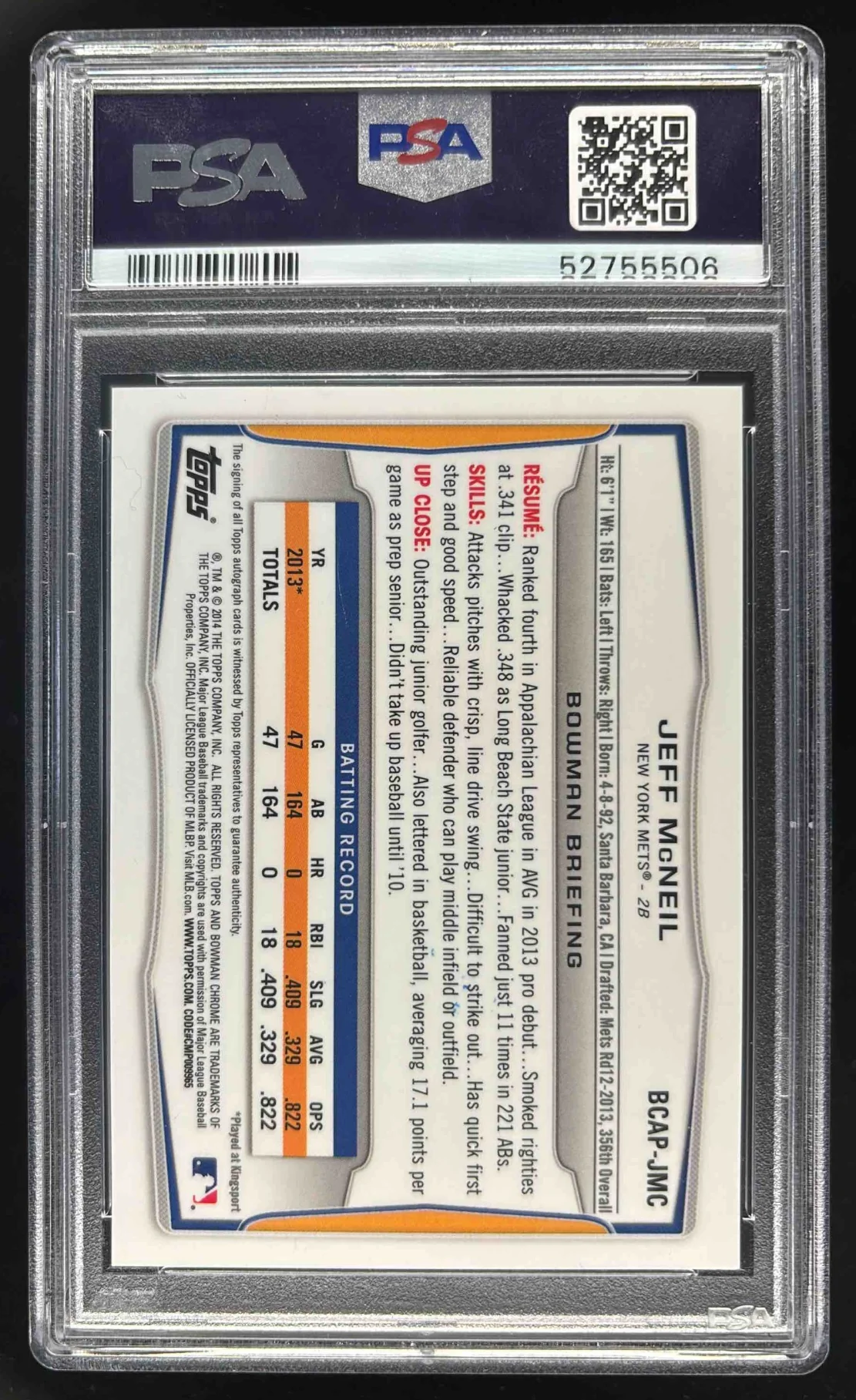 2014 Bowman Chrome Prospect Autographs #BCAP-JMC Jeff McNeil Auto PSA 10 - Image 2