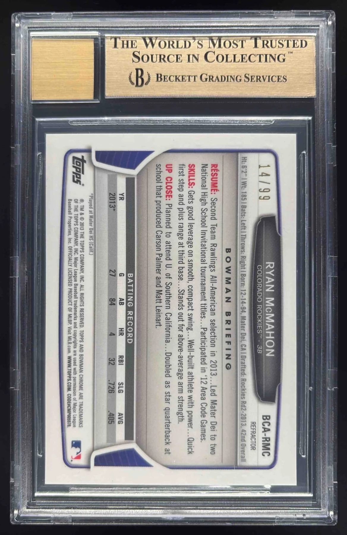 2013 Bowman Draft Chrome Blue Refractors #BCA-RMC Ryan McMahon Auto /99 BGS 9.5 - Image 2