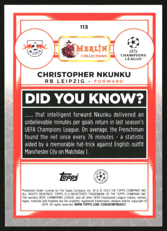 2022-23 Topps Merlin UEFA Red Refractors #113 Christopher Nkunku /10 - Image 2