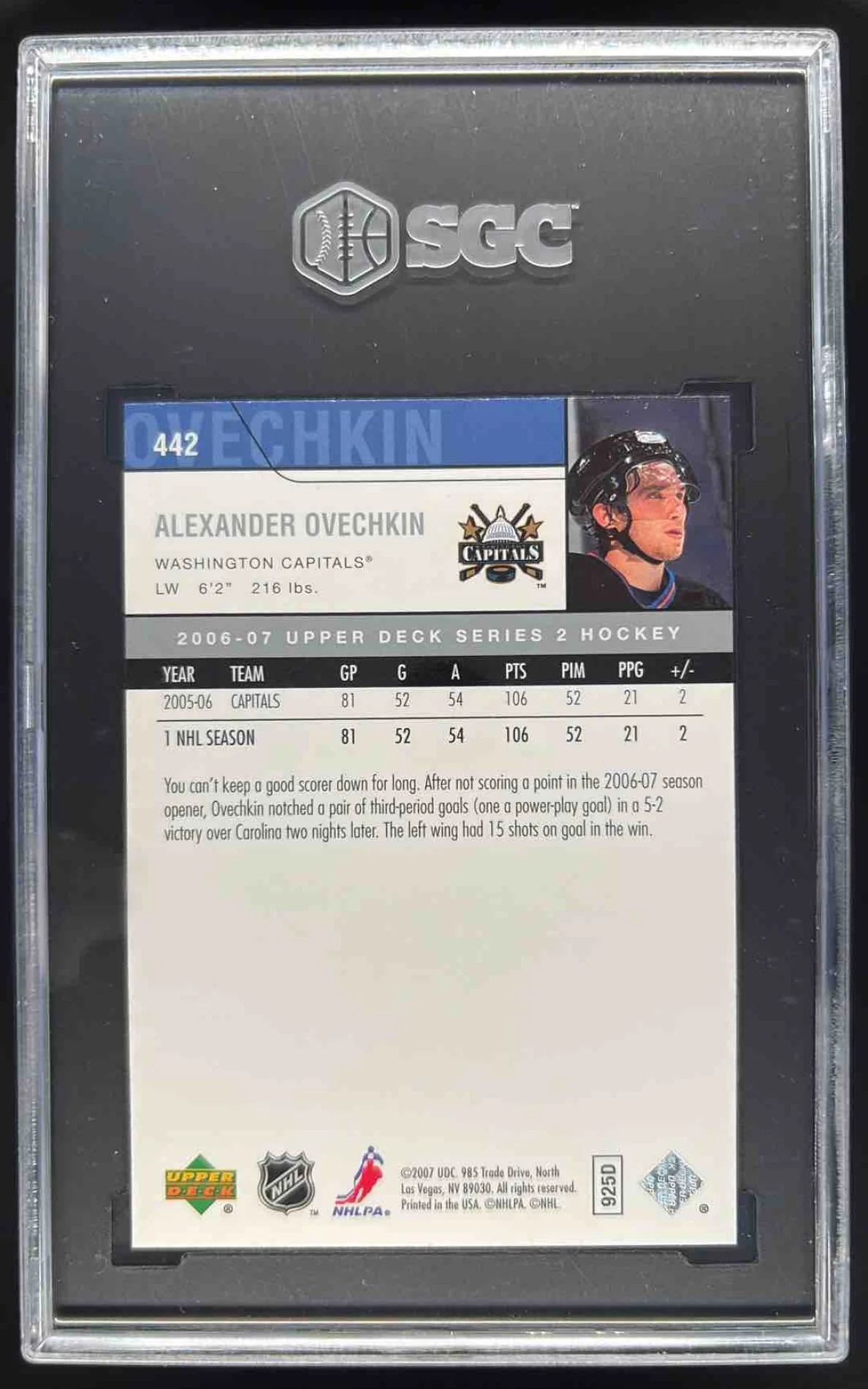 2006-07 Upper Deck #442 Alexander Ovechkin SGC 10 - Image 2