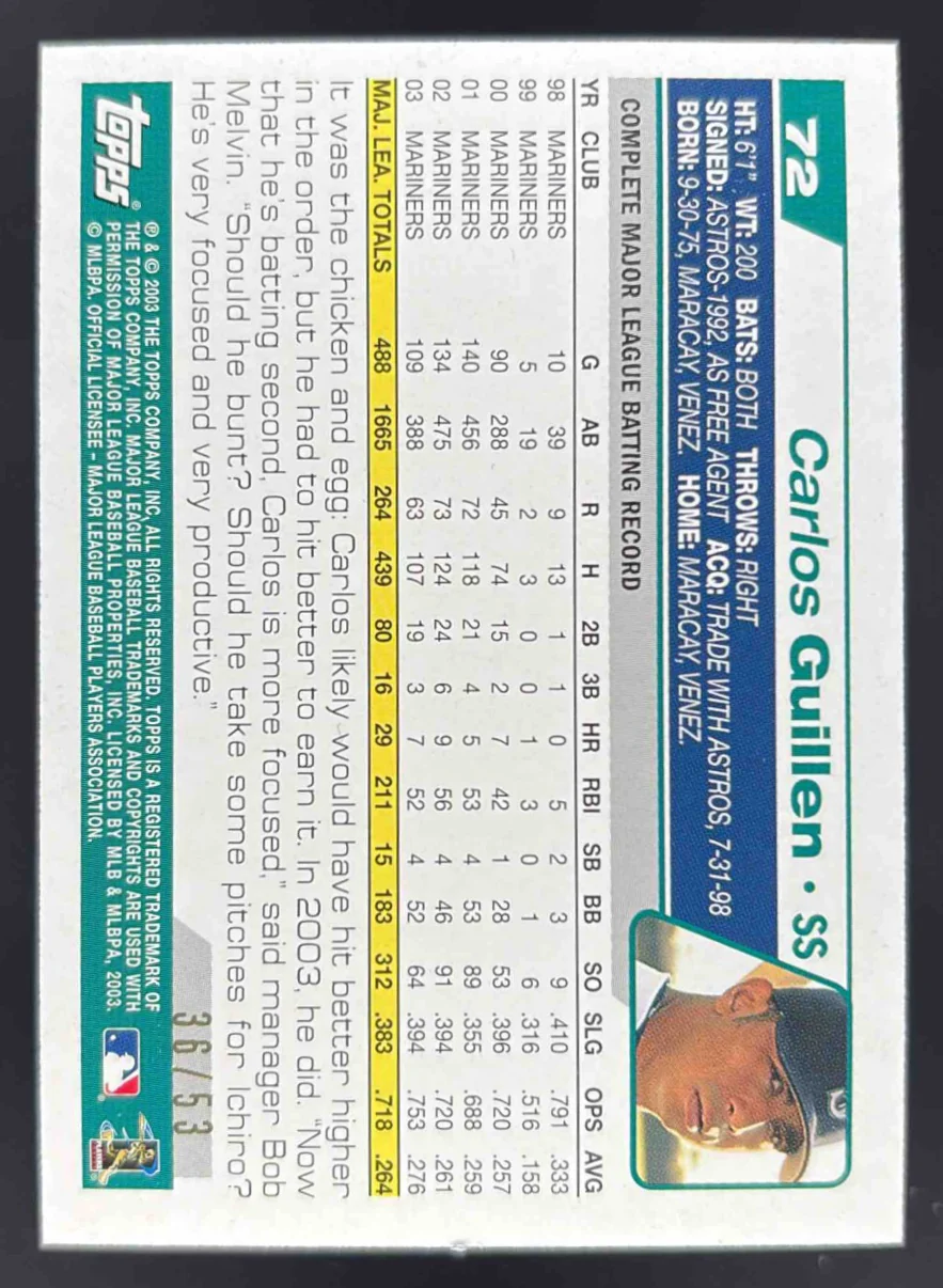 2004 Topps Black #72 Carlos Guillen /53 - Image 2