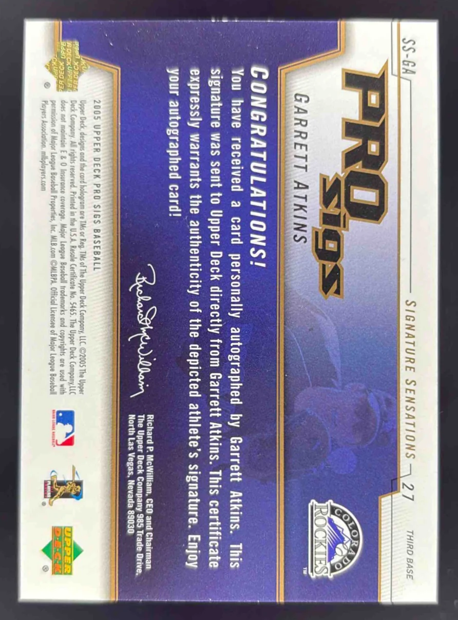 2005 Upper Deck Pro Sigs Signature Sensations Gold #SS-GA Garrett Atkins Auto /5 - Image 2