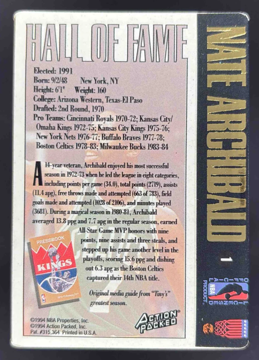 1995-96 Action Packed Hall of Fame #1 Nate Archibald - Image 2