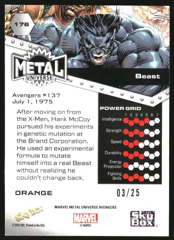 2024 SkyBox Marvel Metal Universe Avengers Orange FX #176 Beast /25 - Image 2