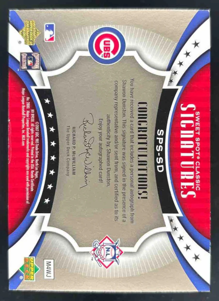 2007 Sweet Spot Classic Grey Stitch Blue Ink #SPS-SD Shawon Dunston Auto /12 - Image 2