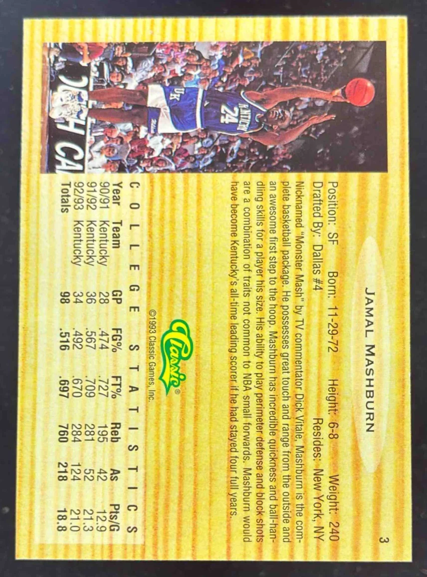 1993-94 Classic Draft Picks Autograph #3 Jamal Mashburn RC Auto - Image 2