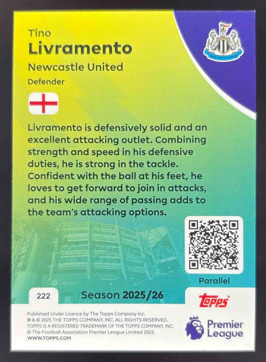 2025-26 Topps Premier League Orange Rainbow Foil #222 Tino Livramento /25 - Image 2