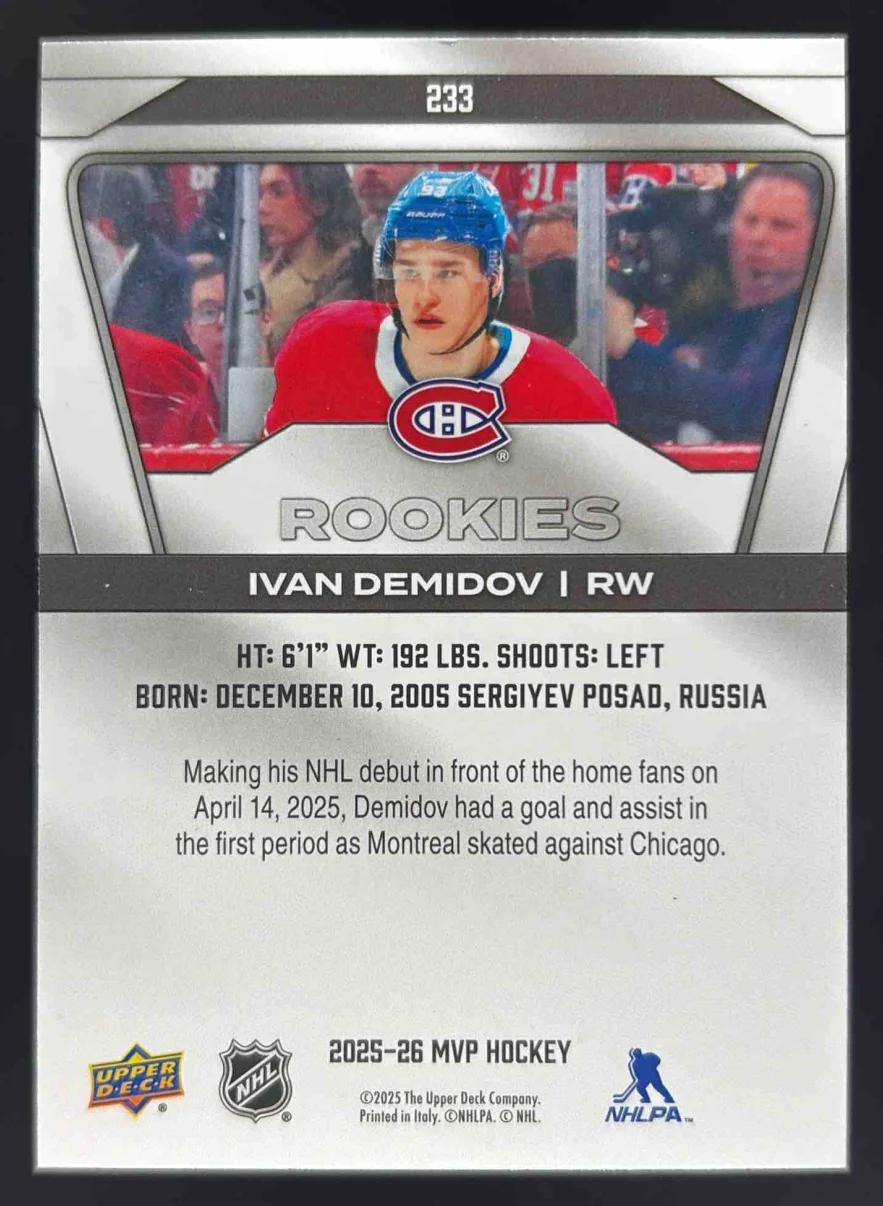 2025 Upper Deck MVP #233 Ivan Demidov RC - Image 2