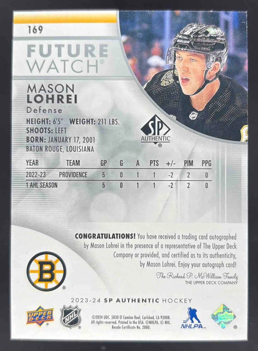 2023-24 SP Authentic #169 Mason Lohrei RC Future Watch /999 - Image 2