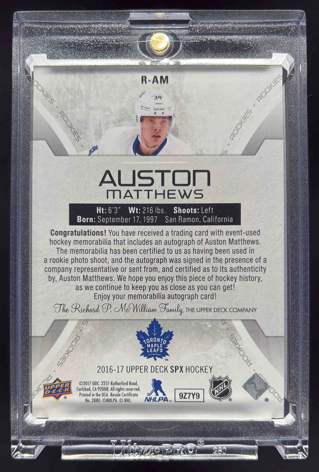 2016-17 SPx Rookies Patch Gold #R-AM Auston Matthews Autograph RC Auto /25 - Image 2