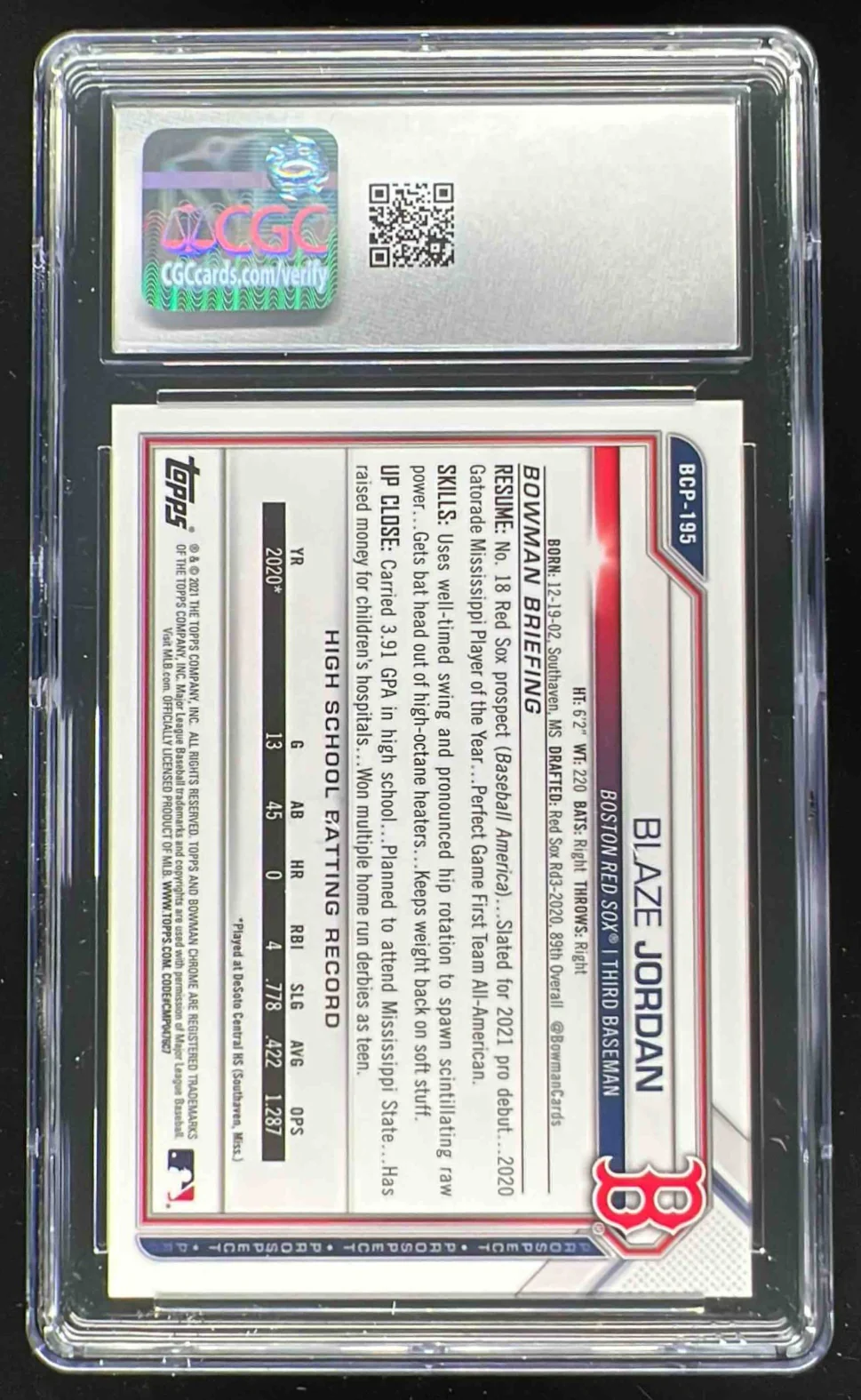 2021 Bowman Chrome Prospects Orange Refractor #BCP-195 Blaze Jordan /75 CGC 10 - Image 2