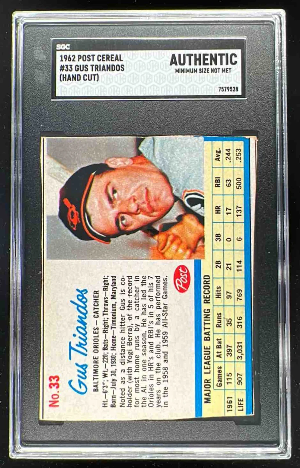 1962 Post Cereal #33 Gus Triandos Hand Cut SGC Authentic