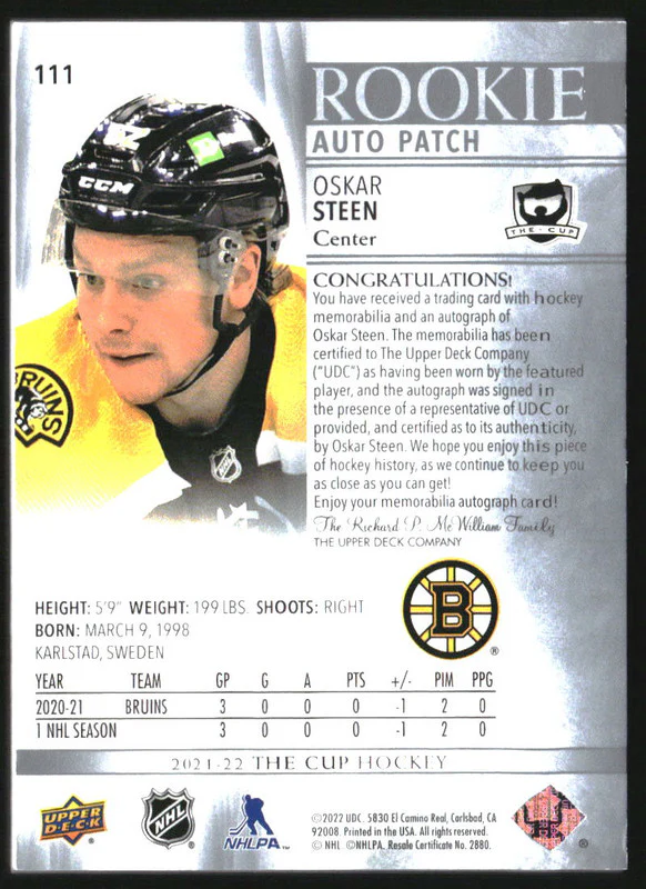 2021-22 The Cup #111 Oskar Steen RC Jersey Auto /249 - Image 2